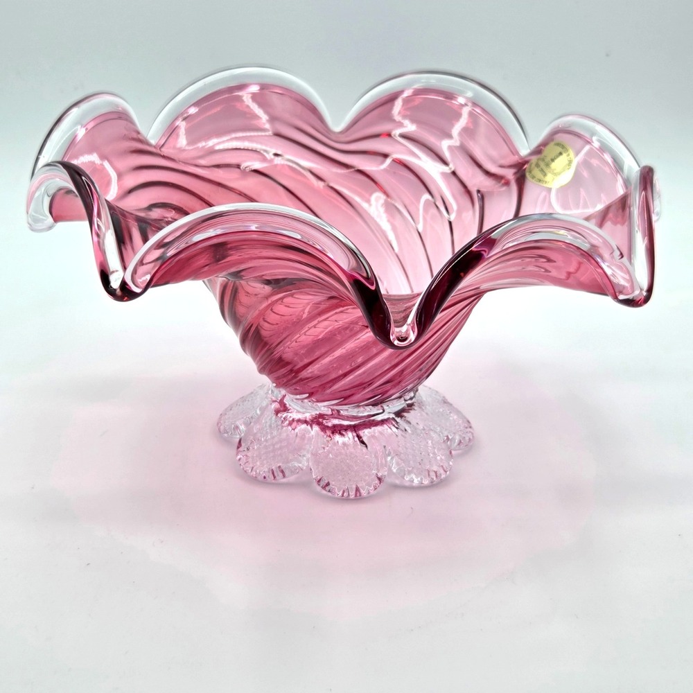 Vintage Riekes Chalet Canada 24%+ Lead Crystal Ruffled Cranberry Bowl Foil‎ Tag